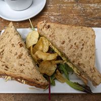 Vegan cheese/tomato/pesto sandwich on nice thick granary bread at The Lookout on the Quay in Looe