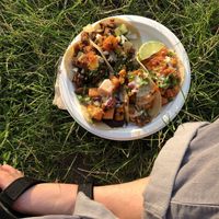 Tacos mit Soja geschnetzeltem (2 oben), süßkratoffel (2 unten links) und räucher Tofu (1 unten rechts)  at Tacos Los Carnales in Cologne