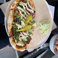 Veggie Kebab Pizza Posjon sized vegan with cabbage on the side. The chillies are not that spicy  at Godhem Sour Café & Bar in Trollhattan