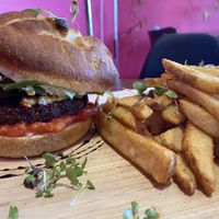 Bonobo burger with fries (so good) #Veganuary at Bonobo Cafe in Christchurch