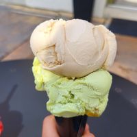 Hazelnut and matcha peach (mixed flavor portion size) at Vigó - Kongresni Trg in Ljubljana