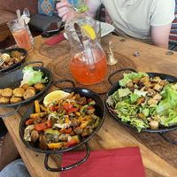 crispy tofu salad; spicy veggie meatballs ; saiten ragu and quinoa ; basmati tomatoes and saiten. Sooo gooooodddd   at Veda House - Sofia in Sofia
