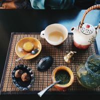 Pictured is a dosha balancing tea & the citrus terreré (in a calabash with a bombilla) with the vegan truffles. at Veda House - Sofia in Sofia