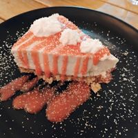 Raw vegan cheesecake with strawberry at Rawcous Kitchen in Leatherhead