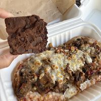 Vegan Pizza Bread & half eaten Vegan Brownie.  at Catalina Coffee & Cookie Co in Santa Catalina Island