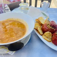 Vegan special: bean soup, roasted stuffed tomatoes, crispy potatoes and a side of roasted eggplant with bread. Baklava for dessert. So good and so filling for only 11 euros!   at Taverna Dion in Delphi