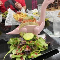 Black bean and impossible meat tacos with a side salad. Delicious!  The empanadas were eaten so fast we didn’t get a picture    at Cocina Plantosaurus in Charles Town
