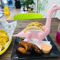 zhrimp tacos with Puerto Rican plantains cooked two different ways at Cocina Plantosaurus in Charles Town