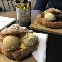 Saturdays vegan ice cream was salted caramel, passion fruit, dark chocolate and yogurt, we chose salted caramel and passion fruit and the other chocolate and passion fruit.   at Fabrika in Tirana