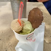 Salted pistachio, tahini with banana (great combination!) at Fabrika in Tirana