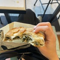 As a Greek person this is the most authentic spanakopita ive had in America. So good and flaky and no cheese. For the full experience get the “Greek frappe” as well! It has no  at Under Pressure Espresso Bar in Astoria
