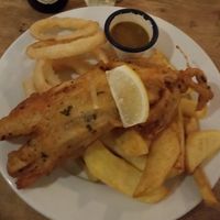 Banana blossom fish and chips with onion rings and curry sauce (vegan) at The Architect in Cambridge