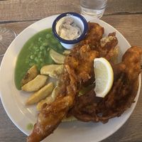 Vegan banana blossom fish with Tikka spiced batter, chips, mushy peas, and tartare sauce   at The Architect in Cambridge