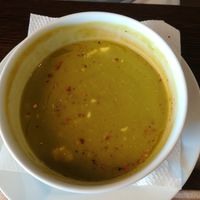 Creamy green pea soup with mint and feta at Tompos Étterem in Keszthely