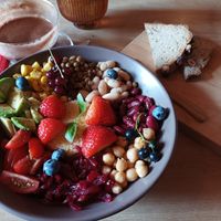 Buddha bowl and mocha at Radošā Maizes Laboratorija in Ventspils