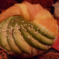Vegan ebi fry mango salmon sushi donut at Full Moon Express in The Hague