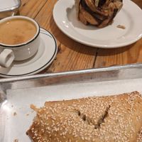 Oyster mushroom pastelito and espresso at Lit Coffee Roastery & Bakeshop in Bethlehem
