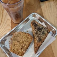 Pumpkin spice bread and tofu feta pastelit with iced coffee at Lit Coffee Roastery & Bakeshop in Bethlehem
