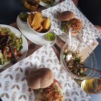Vegan Burger, vegan salad and potato wedges at La Pepita Burger Bar in Pontevedra