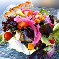 Foccacia sandwich with crispy cabbage and sweetpotato at Mormors Cafe in Fredrikstad