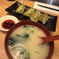 Miso soup and vegetable gyozas  at Taro in London