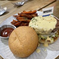 Impossible “cheese”burger with sweet potato fries   at Be With Years in Kowloon