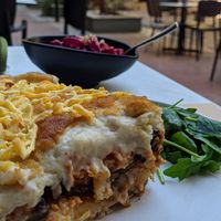 vegan mousaka and beetroot salad at W Karytsi in Athens
