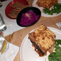 Moussaka and beetroot salad at W Karytsi in Athens