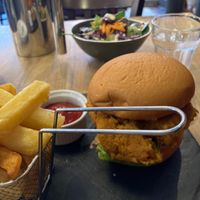 Vegan black bean and sweet potato burger (comes with chips and ketchup) and additional side salad (sorry, the photo is atrocious!)  at Cardo in Perth