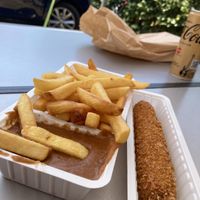 Vegan kipcorn and fries    at Snackbar The Sixties in Burgh-haamstede