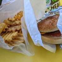 "Lil' BETR BRGR" ($9.50) and 
"Seasoned Waffle Fries" ($4.50) at Jerrell's Betr Brgr in New York City