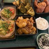 Tacos, potatoes, broccoli, fried eggplant. Mayo and wasabi sous. at B.Better in Paris