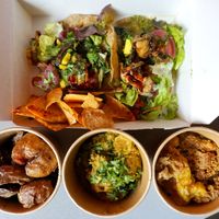 Delivery: Mushroom Tacos/Potatoes/Caviar d'aubergine/Peach Crumble at B.Better in Paris