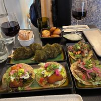 No chicken tacos (closest), mushroom tacos (right), broccoli skewers and potatoes   at B.Better in Paris