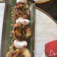 Grilled peaches and that pea/lentil creme yummy!!  at B.Better in Paris