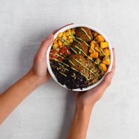 Bowl Champeta (Falafel, hogao, maíz tierno, plátano maduro, lechuga morada, quinua, mayonesa de cilantro) at La Lleva in Bogota