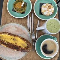 Apricot tarte, lemon tarte, hot dog, coffee and matcha   at Land & Monkeys - Turenne in Paris