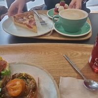 Quiche  coffee comes with oat milk at Land & Monkeys - Turenne in Paris
