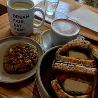Gluten free sandwich, matcha latte and a pistachio cookie at Land & Monkeys - Turenne in Paris