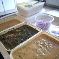 FLTR: Dal Tadka, Nigiri vegan chicken and Velayti Korma (+the usual rice, onions, extra spice & naan) at Indian Summer in Groningen