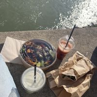 Asian bowl made vegan, matcha latte, tropicale juice and wrap  at Shake Café in Florence