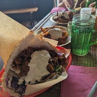 Vegan kebab w tzatziki sauce (and greek potatoes in the background!) at Döner Bei Tante Anne in Norwich