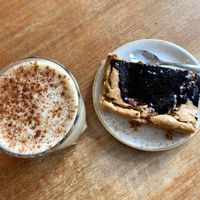 Pumpkin spice latte and vegan blondie  at FINT Kafé & Bar in Tromsoe