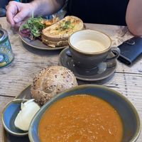 Vegan toastie and soup  at Jasper's Coffee House in Keswick