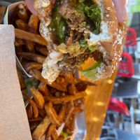 Vegan burger with friesd  at BurgerFi in Commack