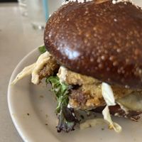 Oyster mushroom sandwich on a pretzel bun.  at Garden Grille Cafe in Pawtucket