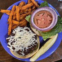 Veggie burger with diya cheese and sweet potato fries at Alcona Brew Haus in Harrisville
