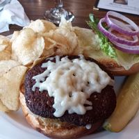 Veggie burger with house chips and vegan cheese at Alcona Brew Haus in Harrisville