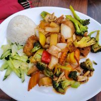 Veggies with Seitan and rice at Asia Food Sushi bar in Hannover