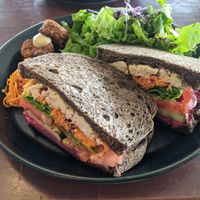 Vegan sandwich with hummus and falafel at Timeless Chocolate in Chatan